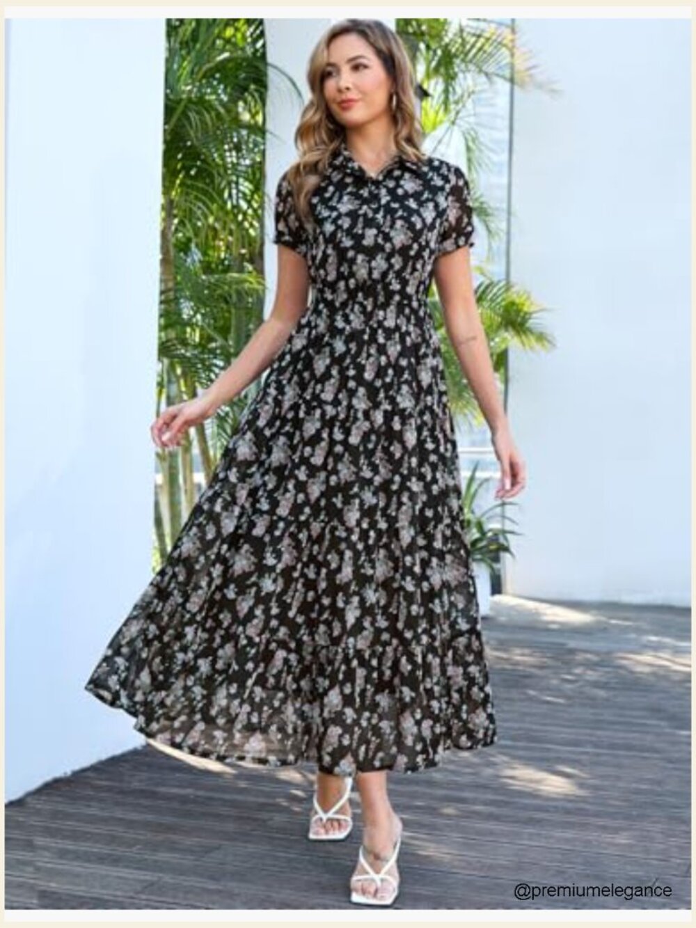 Floral Maxi Dress with Pockets, V-Neck, Tiered Skirt, Chiffon - Picture 2 of 7